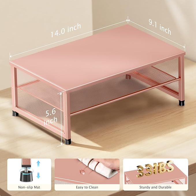 ECOLOVI 2-Tier Computer Monitor Stand Riser, Desk Organizer for Monitor, Printer & Laptop Stand, Desktop Workspace Organizers for Office Supplies(Rose Gold)