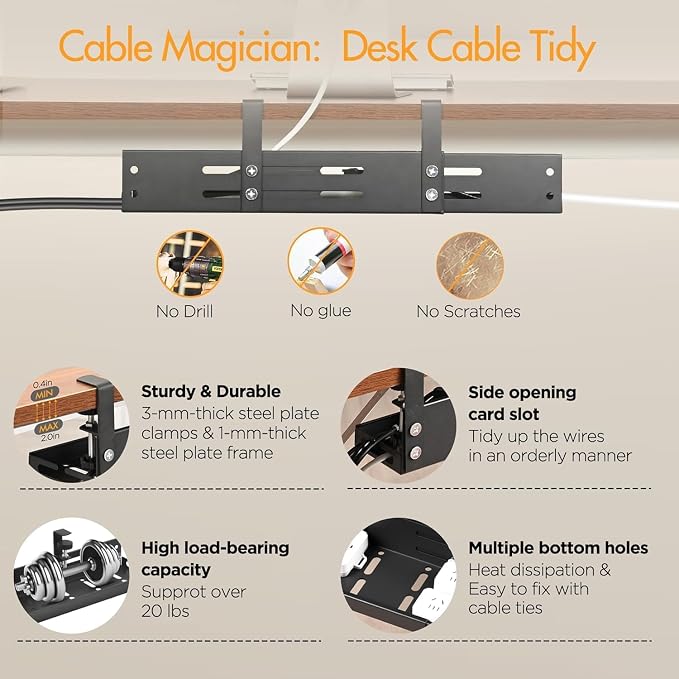 No Drill Under Desk Cable Management Tray, 17”-30” Retractable Cord Organizer for Table, Clamp Mount Wire Basket, Power Strip Holder & Metal Cord Organizer for Office, Home
