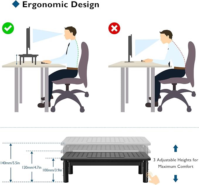BONTEC 1 Pack Adjustable Monitor Stand Riser with Drawer, Ergonomic Mesh Platform Computer Monitor Stand for Desk, Ventilated Laptop and PC Stand with Cable Management, Supports up to 44lbs