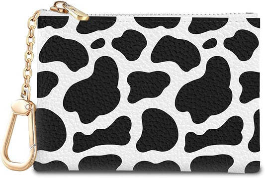 Cow Keychain Coin Purse for Women, Small PU Leather Change Pouch, Zipper Little Tiny Travel Wallet for Girls, Cute Kawaii Zip Pocket Coin Holder with Key Ring