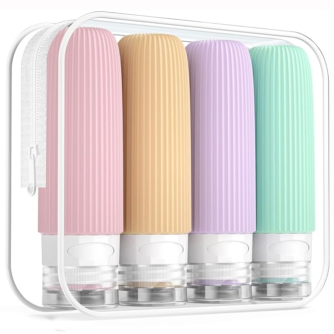 Mrsdry Travel Bottles for Toiletries, Tsa Approved 3oz Portable Travel Bottles, BPA Free Leak Proof Squeezable Silicone Travel Size Containers, Travel Accessories with Clear Toiletry Bag (4 Pack)