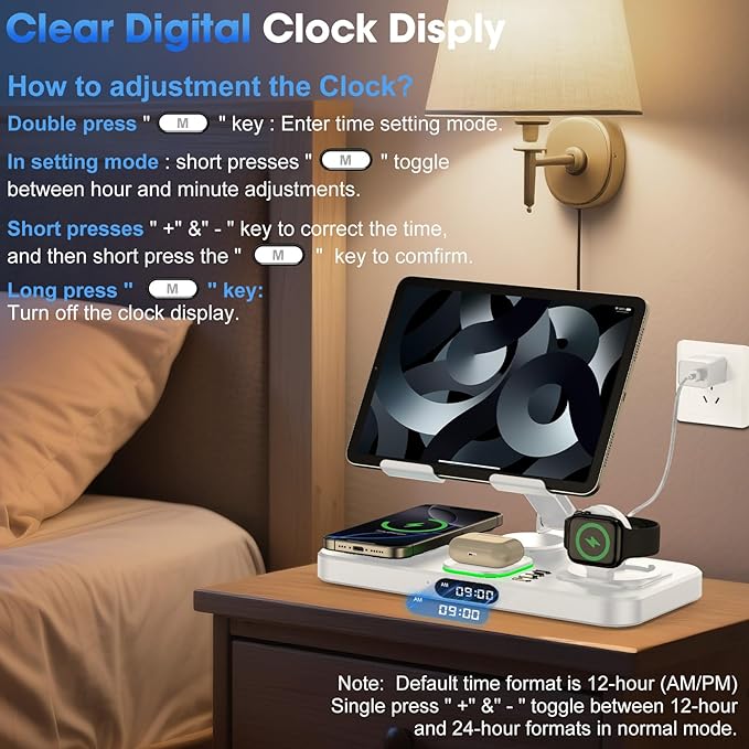 6 in 1 Wireless Charger for Apple Multiple Devices, Charging Station with Clock &7 Color Ambient Light, Foldable Rotate Stand for iPad, for iPhone17/16/15, Support for Apple Watch11/10 For AirPods4