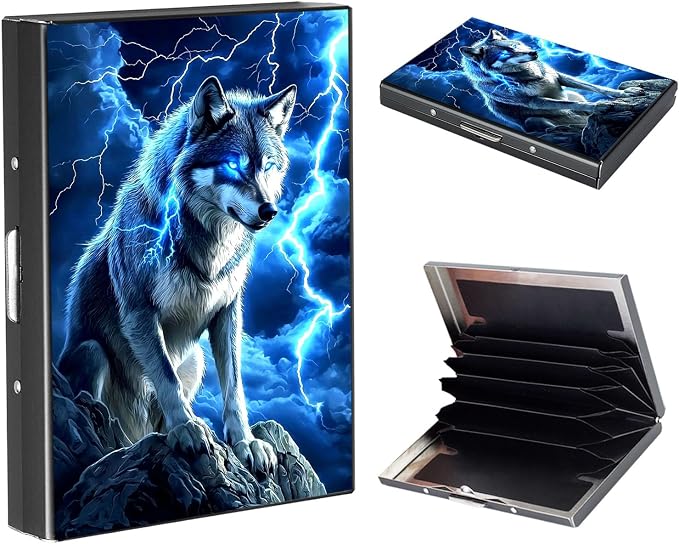 RFID Metal Wallet Credit Cards Holder Slim Mini Business Card Holder Metal ID Case Gift for Men Women,Blue Wolf Lightning