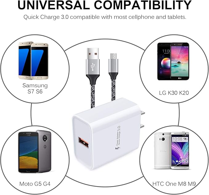 Android Fast Charging Plug - Rapid Micro USB Charger Cable Compatible for Samsung Galaxy S7,S6,J8,J7,J3V, LG Stylo 2 3 Plus,Moto G5,G5 Plus,E5 Play E6 E4