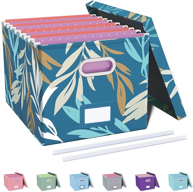 Oterri File Organizer with Lid, File Box, File Cabinet for Letter File Folder Storage, Hanging File Organizer for Office/Decor/Home,Document Organizer, 1 Pack,Leaf Blue-Box Only