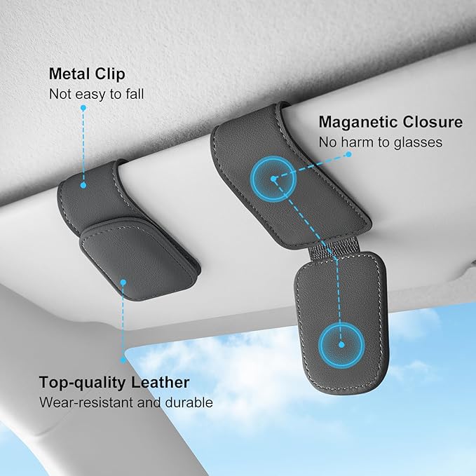 TCJJ Sunglasses Holders for Car Visor,Car Magnetic Glasses Holder Leather Sunglasses Clip and Ticket Card Clip Suitable for Car Interior Visor and Different Size Eyeglasses(Gray/2)