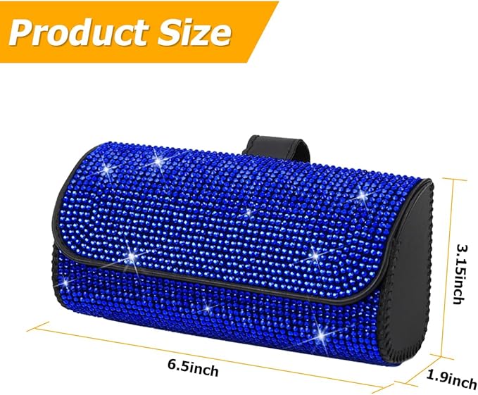 Osilly Bling Car Sunglass Holder for Sun Visor, Sparkling Crystal Leather Automotive Eyeglasses Mount Clip Organizer with Hidden Magnetic Closure for Men Women, Universal for SUV Truck Van（Blue）