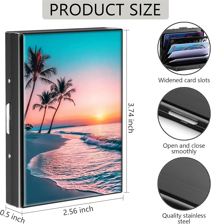 Credit Card Holder Sunset Beach Palm Tree Design Mini RFID Blocking Aluminum Wallet Slim Metal Hard Cover Shell Travel Wallet ID Cases Small Credit Cards Case Business Cards for Women Men Girls