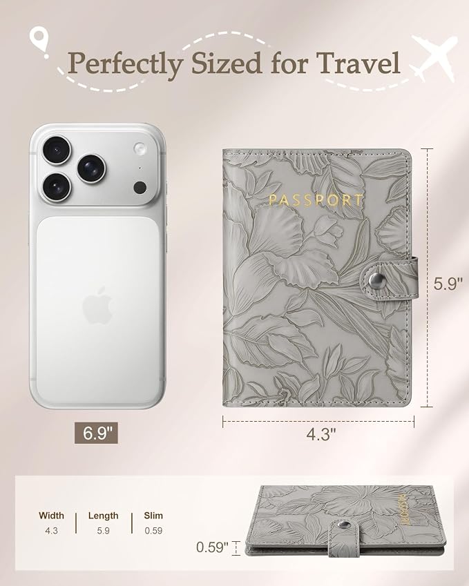 Slohif Floral Embossed Passport Wallet - Elegant Passport Wallet with AirTag Holder & RFID Blocking Slim Vegan Leather Passport Cover with Money Pocket and Card Slots Elephant Gray