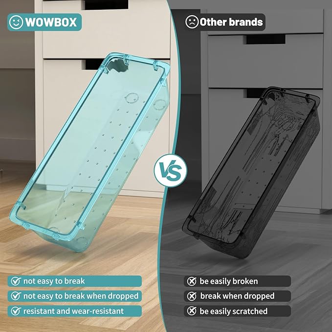 WOWBOX 40 PCS Plastic Drawer Organizer Set, 4 Sizes Desk Drawer Organization and Storage Containers for Makeup, Cosmetics, Jewelry and Gadgets in Kitchen, Bathroom, Bedroom, Office, Clear Sea Blue