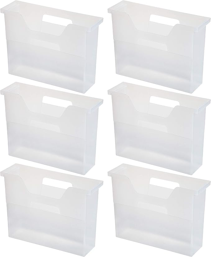 IRIS USA Small Portable Desktop File Box with Open Lid, 6 Pack, Side Handles, Hanging File Folders, Tabs & Inserts, Letter Size, Magazines, Newspapers, Mail, Books, Notebooks, Clear