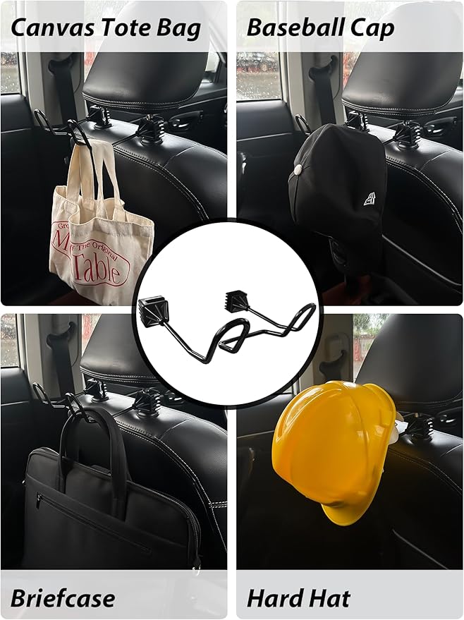 2 Pack Hard Hat Holder for Truck, Heavy Duty Metal Double Hook for Car Seat Headrest, Seat Back Hanger for Safety Helmet Vest Caps Jackets, Work Truck Accessories for Men Women