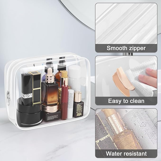 Wedama TSA Approved Toiletry Bag, Cosmetic Bags 2 Pack with Zipper Carry on Airline Airport Travel Accessories, PVC Makeup Bags for Travel, Clear Toiletry Bags for Women and Men-White