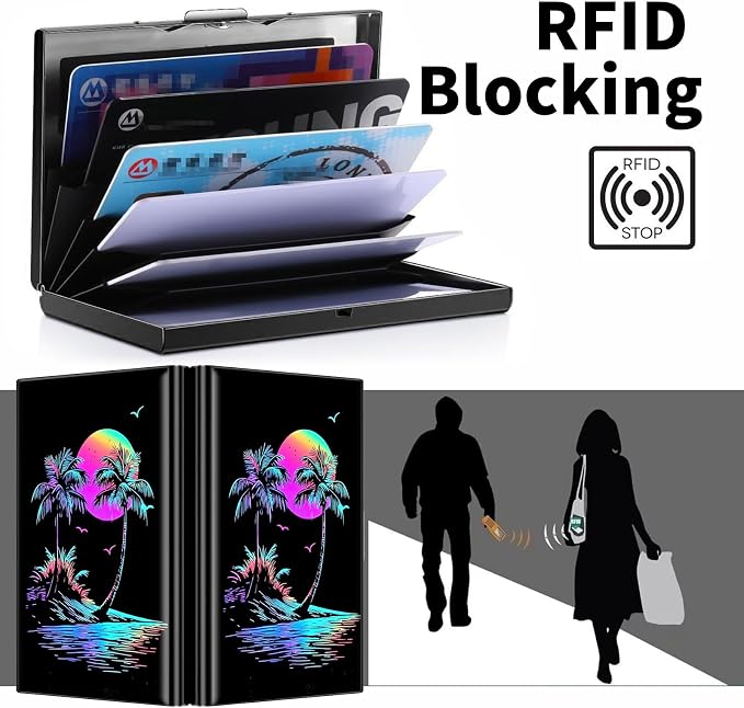 Metal Wallet for Women Men Girls, RFID Blocking Slim Aluminum Credit Card Holder, Mini Travel Wallet with Hard Shell, Lightweight ID & Business Card Case,Art Palms Tropical Beach