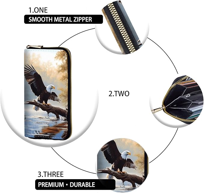 Women's RFID Blocking Zip Around Wallet with Detachable Wrist Strap, Large Capacity Credit Card Holder Organizer for Everyday Use,Bald Eagle