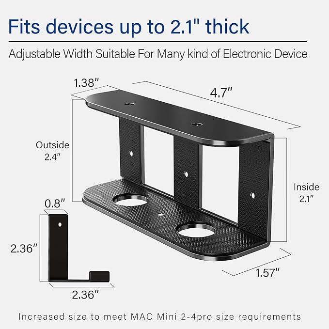 BYMECOST Under Desk Laptop Storage Mount with Hook, Metal Under Desk Device Holder, for Devices Up to 1.37" Thick, MacBook, Mini, Keyboard, Router, with Anti-Scratch Silicone (Black, 2.1" with Hook)