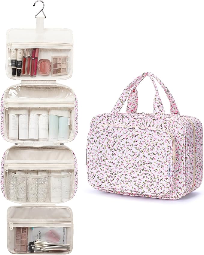 Narwey Travel Toiletry Bag for Women Large Hanging Makeup Bag Organizer Toiletries Bag for Full Size Essentials Accessories Cosmetics (Pink Flower (Large))