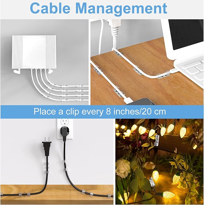 Outdoor Light Clips (Assorted Sizes, 60 PCS), Adhesive Cable Cord Organizer for Wall, Clear Wire Holder Electric Wires, PC Management Under Desk, Christmas LED M&L