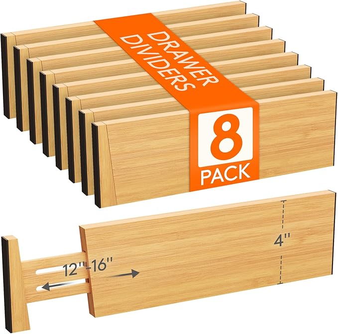 Lifewit 4" High 8 Pack Bamboo Drawer Dividers 31-40cm/12-16 Adjustable Wooden Drawer Organizer for Clothes/Utensils, Expandable Drawer Separator for Dresser/Kitchen/Bedroom/Office Organization