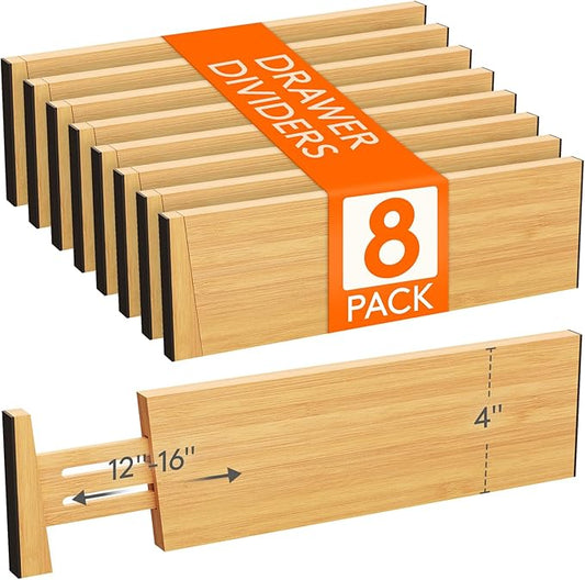 Lifewit 4" High 8 Pack Bamboo Drawer Dividers 31-40cm/12-16 Adjustable Wooden Drawer Organizer for Clothes/Utensils, Expandable Drawer Separator for Dresser/Kitchen/Bedroom/Office Organization