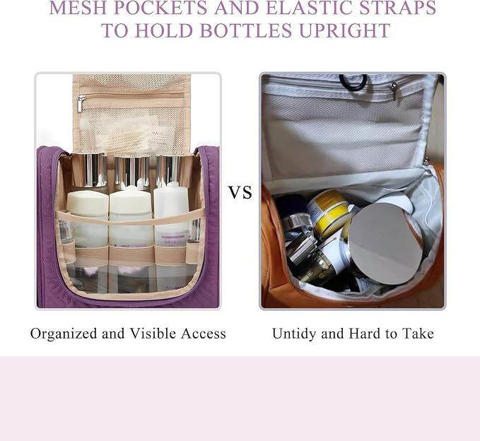 BAGSMART Large Travel Toiletry Bag for Women, Hanging Toiletry Bag with Hook, Travel Cosmetic Makeup Bag Travel Organizer for Accessories, Shampoo, Full Sized Container, Toiletries,Purple-Large