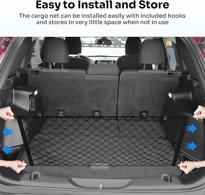 Canvcle Trunk Cargo Net for 2014-2023 Jeep Cherokee Accessories Envelope Style Mesh Trunk Net Organizer and Storage Stretchable Adjustable Elastic Nylon Rear Cargo Netting with Hooks