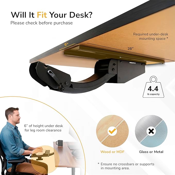 Mount-It! Under Desk Keyboard Tray, Adjustable Slide-Out Keyboard & Mouse Platform, 26.5" W × 10" D, Ergonomic Wrist Rest, Height Tilt & Swivel, Heavy-Duty Bolt-On Keyboard Drawer