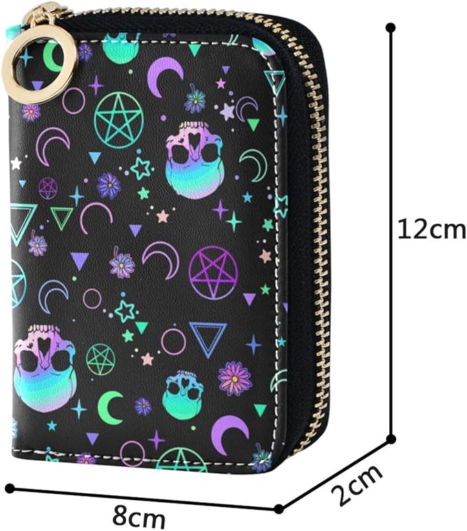 Magic Skull RFID Credit Card Holder Wallets Accordion for Women Leather Zipper Card Case Accordion Wallet for Ladies Girls