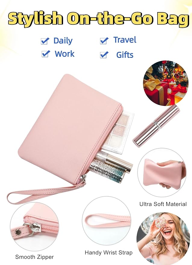 2 Pack Small Zipper Pouch Mini Makeup Bag for Purse Lipstick Cosmetic Travel Make Up Organizer for Women Essentials, Car Change Coin Holder 4.5 x 6.5 Clutch Stadium Approved Wristlet, Pink