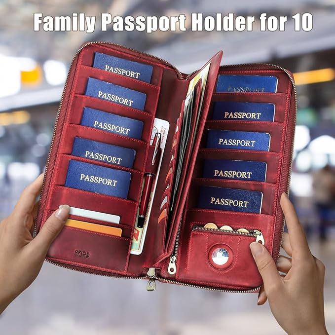 CONTACTS Family Passport Holder for 10 Full Grain Leather Compatible with Airtag Passport Holder Family Travel Document Organizer Multiple Rfid Blocking Passport Wallet (Red)