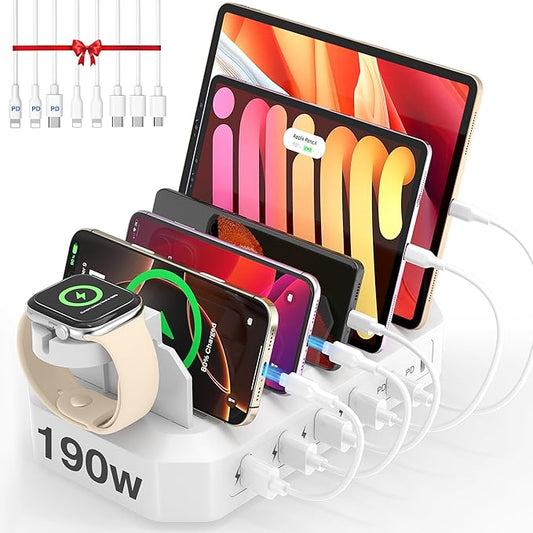[2026 Upgrade] 190W Fast Charging Station for Multiple Devices【Certified Safer Charging】 6 Port USB Charger Station - Multi-Device Charging Dock with Phone/MacBook/iPad/Tablet (8 Mix Cables Included)