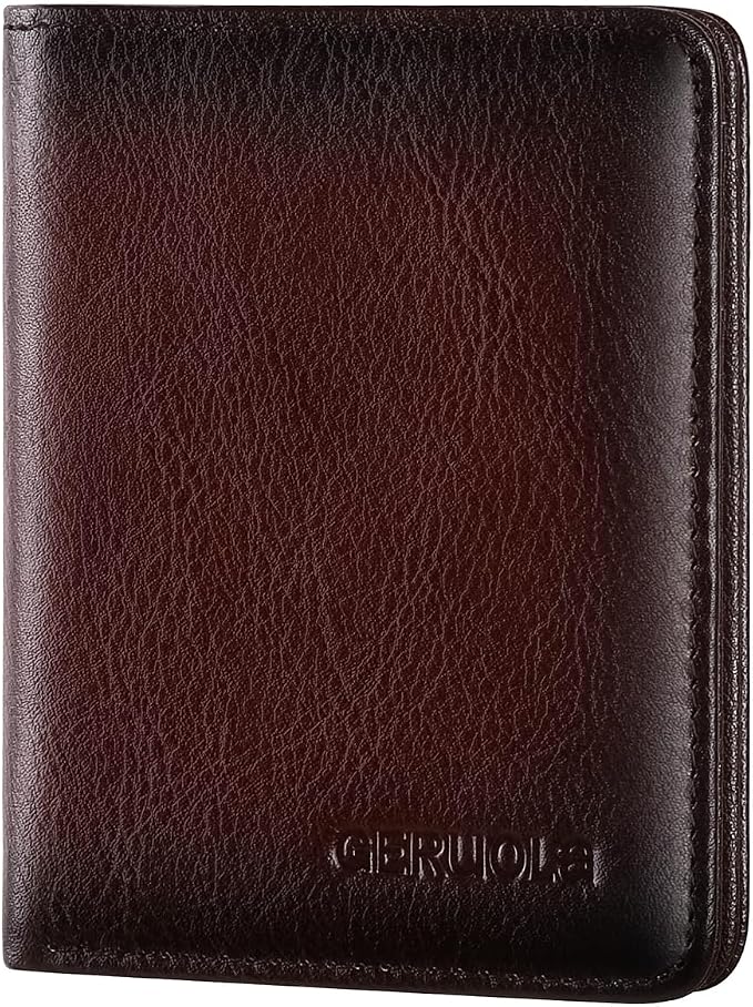 Bifold Slim Men Wallet Genuine Leather Thin, Small Vertical RFID Blocking Wallets for Men ，Compact & Stylish with Clear ID Windows (Coffee)