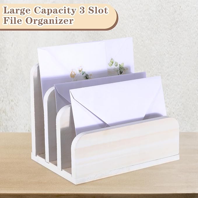 Briwooody Wooden Mail Organizer 3 Slots Mail Holder for Desk Wood File Paper Letter Holder for Letter Envelope Filing Cell Phone Document Storage, Organizer Tray for Office and Home(White)