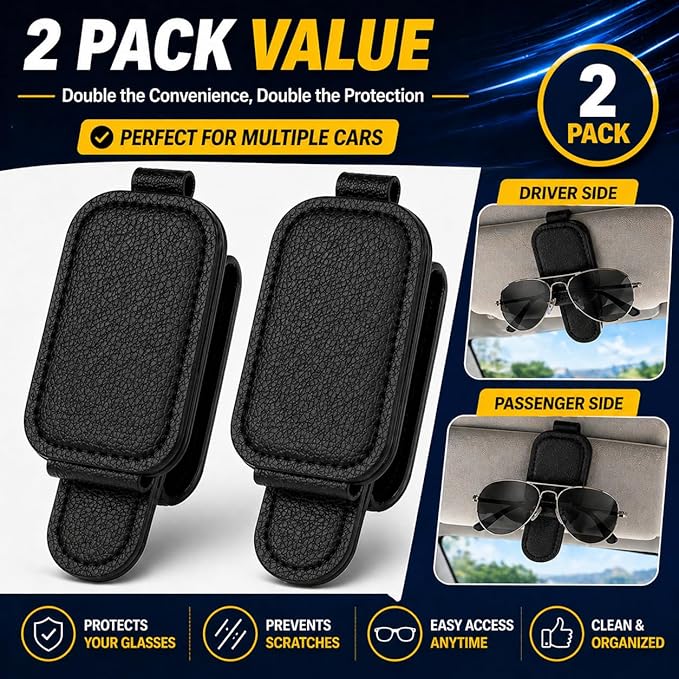 Magnetic Sunglasses Holder for Car Visor, Leather Visor Clip with Card & Ticket Slot, Secure No-Scratch Design, 2-Pack (Black)
