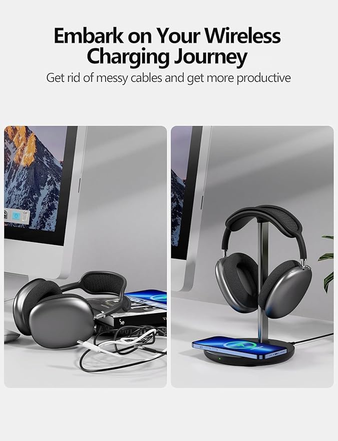Miroddi Headphone Stand with Wireless Charger, Independent USB Charging Port, 5 in 1 Charging Station Headset Holder Rack for AirPods Max/Pro/4/3/2, iWatch, iPhone, Samsung and Desk Headphones, Black