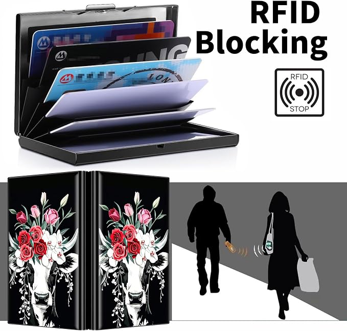 Metal Wallet, Credit Card Holder for Women Men Girls, RFID Blocking Aluminum Wallet Slim Hard Case, Mini Travel Wallet, ID Card Holder Business Card Case,Art Cow