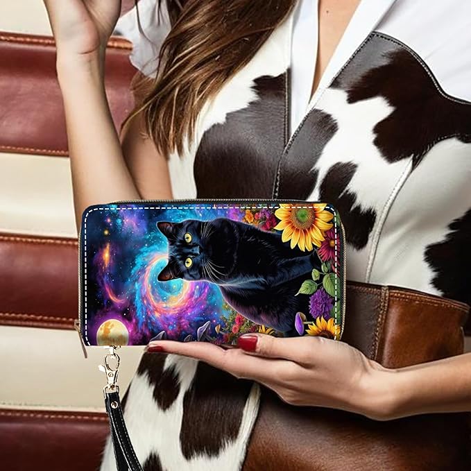 Black Cat Print Women Large Capacity PU Leather Zip Around Wallet, Multifunctional Clutch Purse for Cash/Card/Coin/Smart Phone