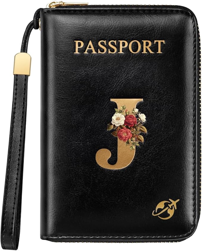 Passport Holder Cover Wallet with Zipper Personalized Initial Letter J Rose Flower RFID Blocking Travel Wallets Credit Cards Holder for Women, Gift for Wife and Girlfriend,J