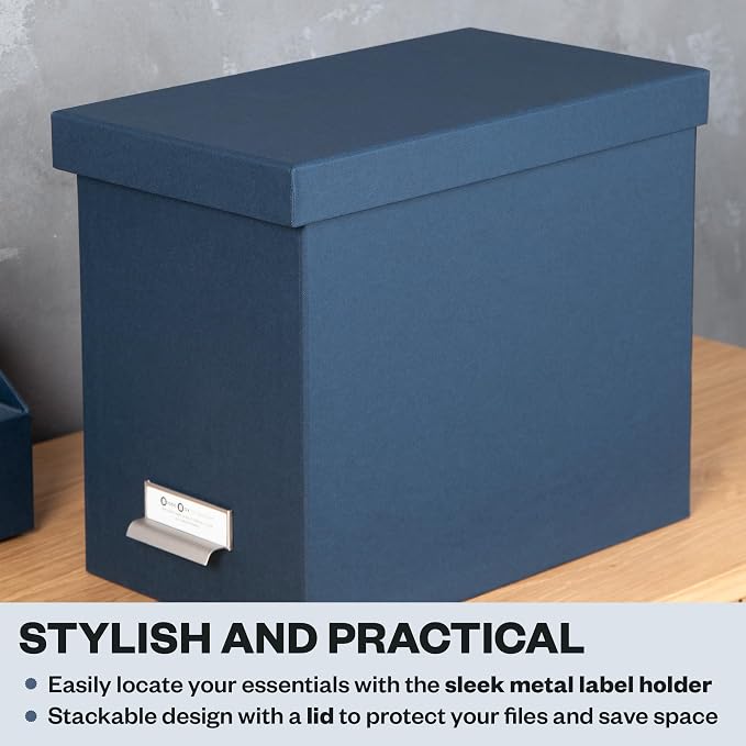 Bigso John Fiberboard Label Frame Desktop File Storage Box - Document Organizer for Important Paperwork - Durable Hanging File Box with a Lid & Metal Label Window - 7.36 x 13.38 x 10.51 in - Blue