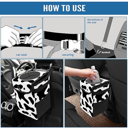 Western Black White Cow Print Car Trash Can with Lid Collapsible Reusable Waterproof Car Garage Bag,Automotive Garbage Can,Car Accessories Interior Car Organizer
