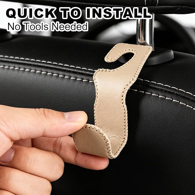 Car Seat Hooks for Purses and Bags, 2 Pack Car Purse Holder for Grocery Bag Handbag Clothes, Metal Headrest Hooks Covered by Leather, Beige