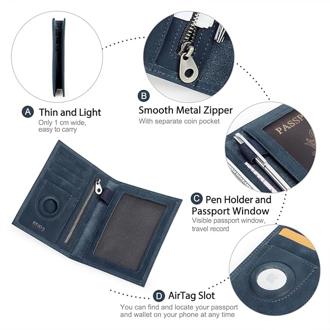 CONTACTS Full Grain Leather Passport Holder RFID Blocking Travel Passport Wallet Compatible with Airtag Passport Cover Case with 4 Card Slots, Coin Pocket (US Passport Stamp, Blue)