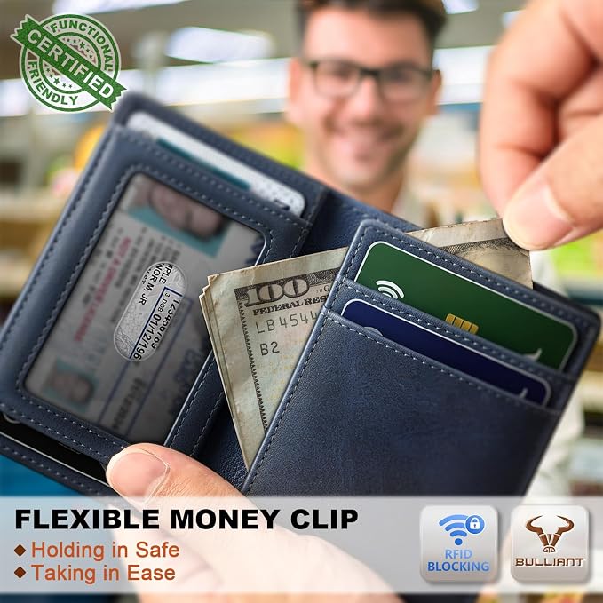 BULLIANT Slim Wallet For Men 12Cards,Magnetic Flip Build-in Money Clip Airtag Compatible-RFID Blocking