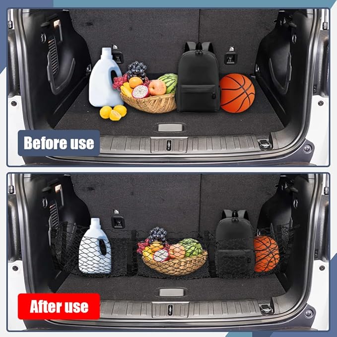Cargo Net Trunk Bed Organizer, Mesh Storage Net with 4 Metal Buckles, Expandable 3 Pocket Heavy-Duty Cargo Net Organizer Trunk Accessories Universal Fit Car SUV Pickup Truck