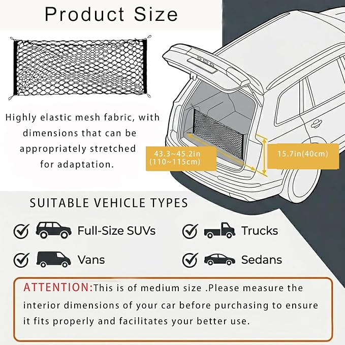 Truck Cargo Net Nylon Universal Heavy Duty Truck Storage Mesh Pouch | Pickup Cargo Organizer Trunk Mesh Cargo Net (43x15.7 Inch)