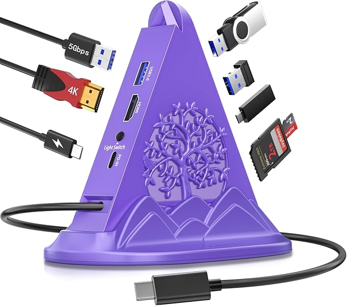 Purple USB C Hub, 8-in-1 USB C Multiport Adapter with 4K@30Hz HDMI, 100W Power Charging, 5Gbps Type C, 3 USB-A 3.0, SD/TF Slots& RGB Lighting, Purple Type C Hub for MacBook, iPhone17, iPad, XPS(Tree)