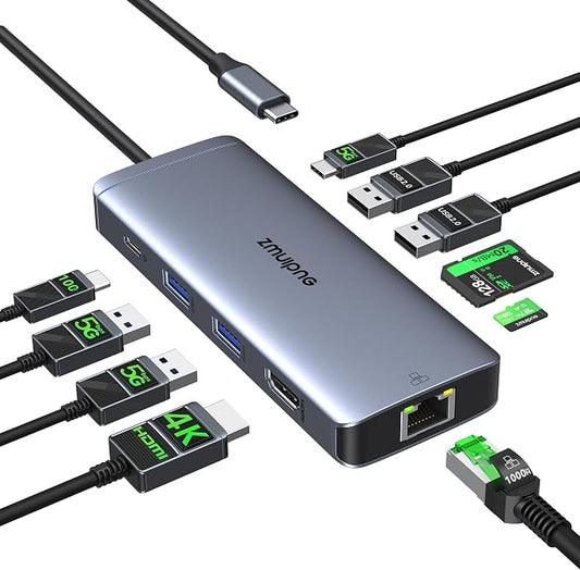 USB C Hub Ethernet USB C Adapters for MacBook Pro/Air,Mac Dongle with USB Port,USBC to HDMI 4K, USB C to Ethernet,10 in 1 USB C to HDMI Adapter,100W Pd Charging, USB C to SD/TF Card Reader USB C Hub