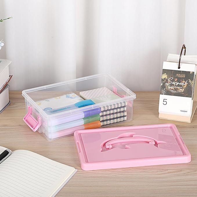 BTSKY 1-Pack Clear Plastic Storage Box with Lid, Stackable Organizer Featuring Easy-Lift Dolphin Design, Multi-Use Portable Container for Home, Craft, Office, Space-Saving with Secure-Clasp, Pink
