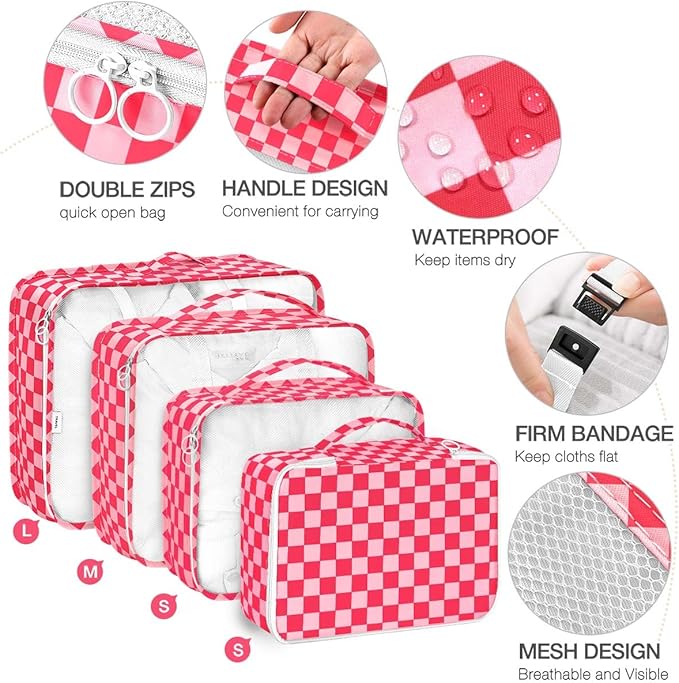 8 Set Packing Cubes for Suitcases,Packing Cube with Shoe,Cosmetics,Clothing, and Accessories Bags Packing Cubes for Travel Luggage Organizer Women Men(Rose Checkered)