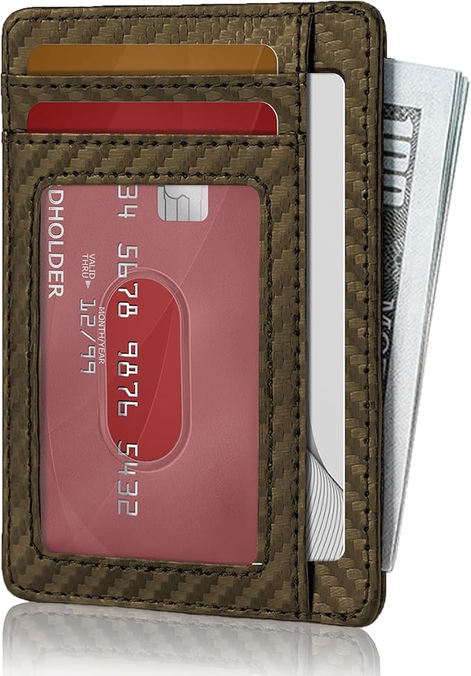 Hoewina Slim Wallet for Men, Credit Card Holder Wallet, Minimalist Design - RFID Blocking Front Pocket Leather Thin Wallet for Men and Women（Carbon Fiber Coffee）